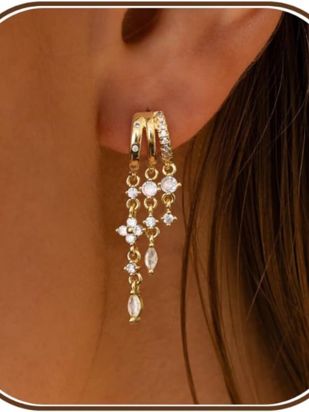 Elegant 14K Gold Plated Dangle Huggie Earrings - Hypoallergenic & Waterproof